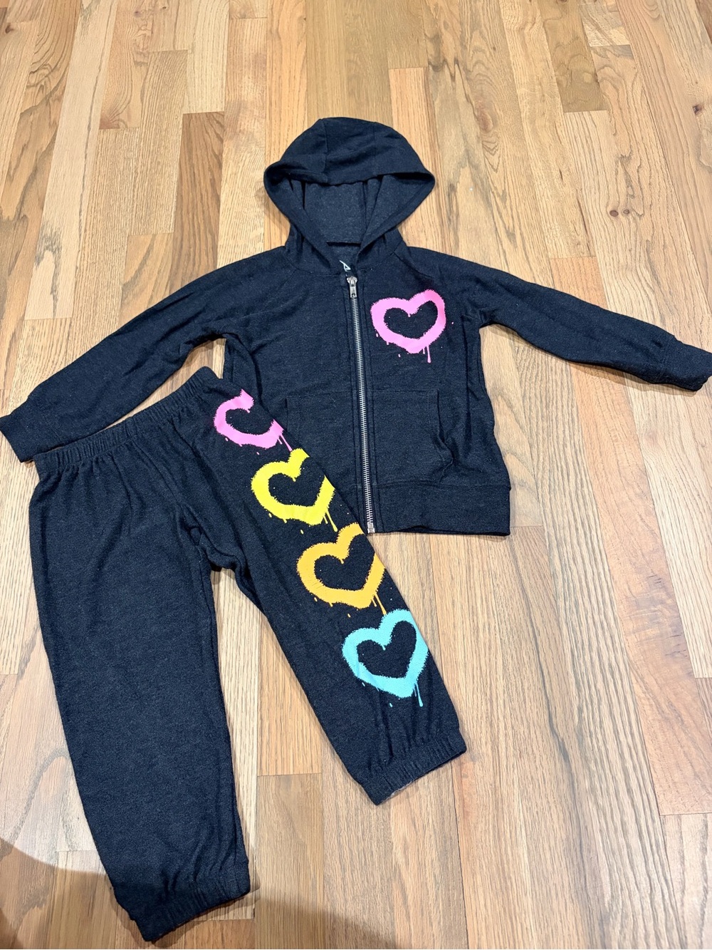 Chaser toddler girl zip up hoodie and loose sweatpants with vertical hearts